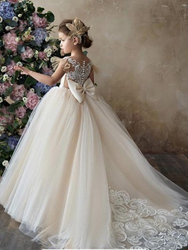 Champagne Ball Gown Sweetheart Chapel Train Sleeveless Flower Girl Dress