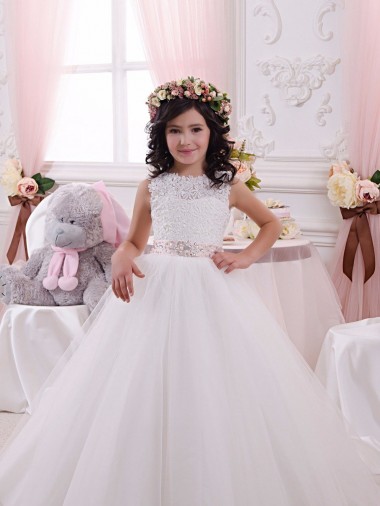 Ivory Ball Gown Bateau Chapel Train Sleeveless Flower Girl Dress