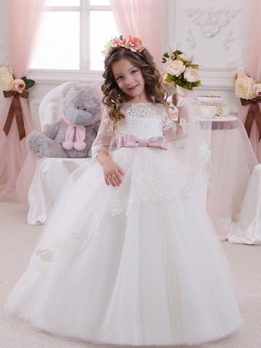 Ivory Ball Gown Bateau Neck Long Chapel Train Sleeveless Flower Girl Dress