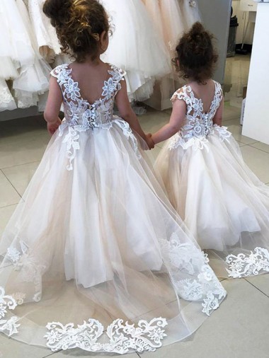 Ivory Ball Gown Chapel Train Sleeveless V-Back Flower Girl Dress