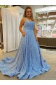 Blue A-Line Scoop Sleeveless Long Court Train Velvet Sequin Prom Dress