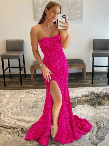 Fuchsia Sheath Strapless Sleeveless Long Sweep Train Velvet Sequin Prom Dress