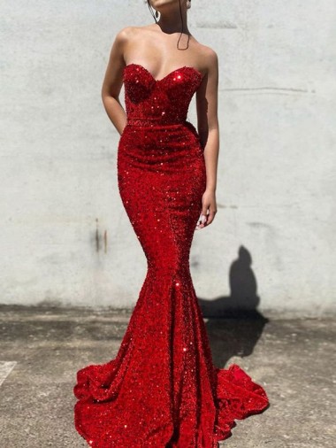 Burgundy Mermaid Sweetheart Sleeveless Long Court Train Velvet Sequin Prom Dress