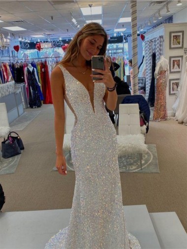 Sheath V-Neck Sleeveless Long Velvet Sequin Prom Dress with Sweep Train