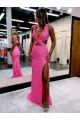 Sheath Long V-Neck Sleeveless Sweep Train Velvet Sequin Prom Dress